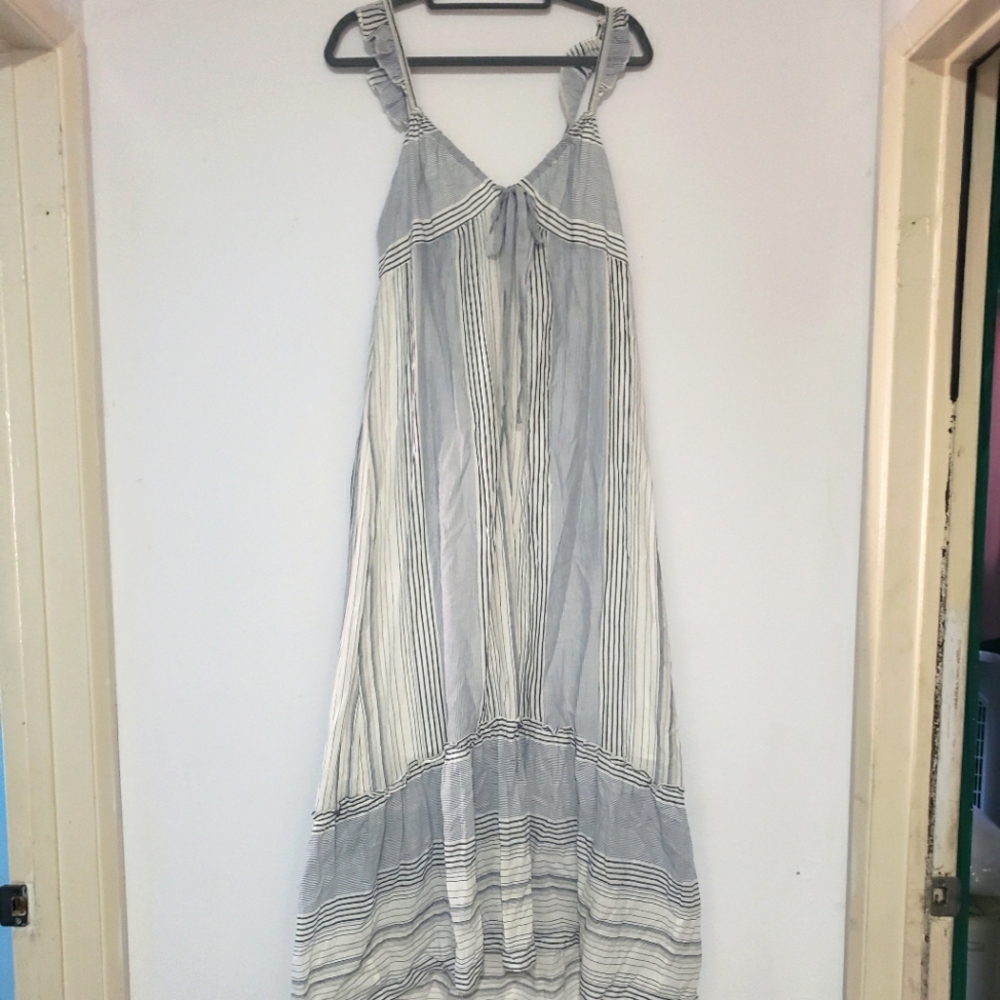 Splendid Ruffle Strap Front Adjustable Tie Maxi Tier navy White Stripe Dress  XL